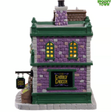 Lemax Spooky Town Ghouly Grocer figurine featuring a haunted grocery store scene with spooky details and eerie lighting