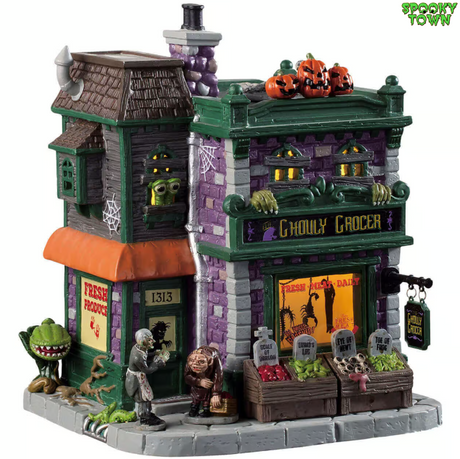 Ghouly Grocer from Lemax Spooky Town featuring spooky, haunted grocery store with eerie Halloween decorations and spooky signage.