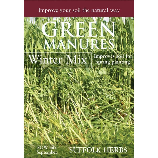 E.W. King & Co. Suffolk Herbs Green Manures Winter Mix pack showing vibrant green overwintering cover crop for soil enrichment.