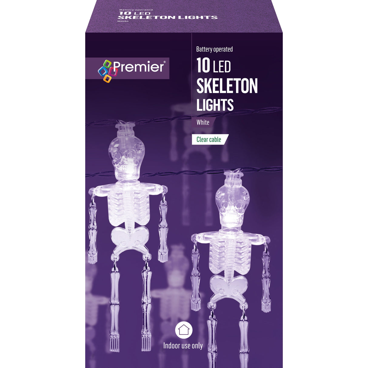 Battery-operated LED skeletons by Premier Decorations for Halloween, featuring 10 spooky skeleton figures with glowing LED lights.