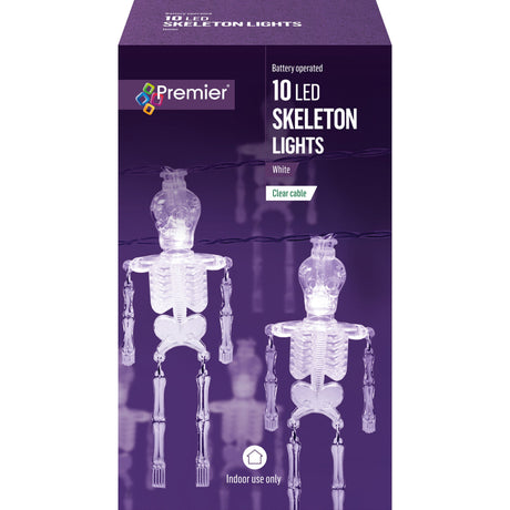 Battery-operated LED skeletons by Premier Decorations for Halloween, featuring 10 spooky skeleton figures with glowing LED lights.