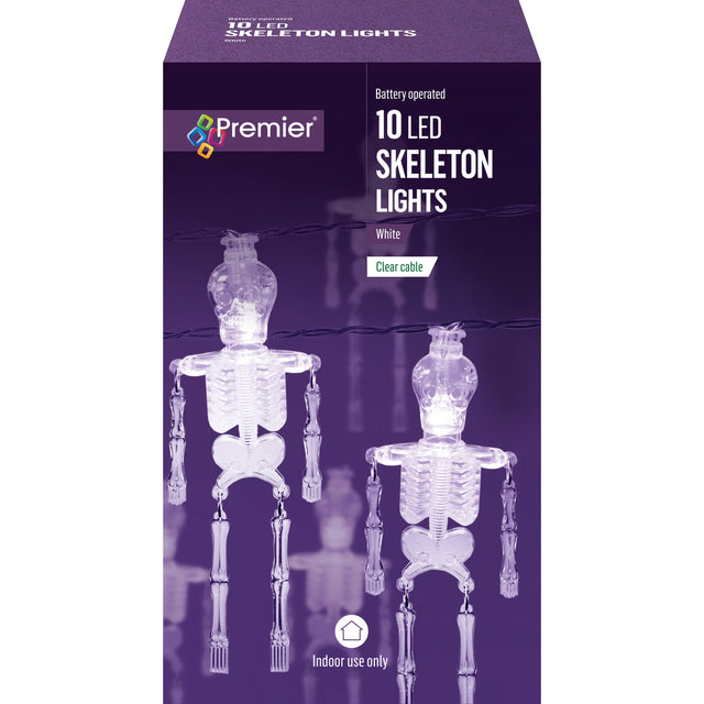 Battery-operated LED skeletons by Premier Decorations for Halloween, featuring 10 spooky skeleton figures with glowing LED lights.