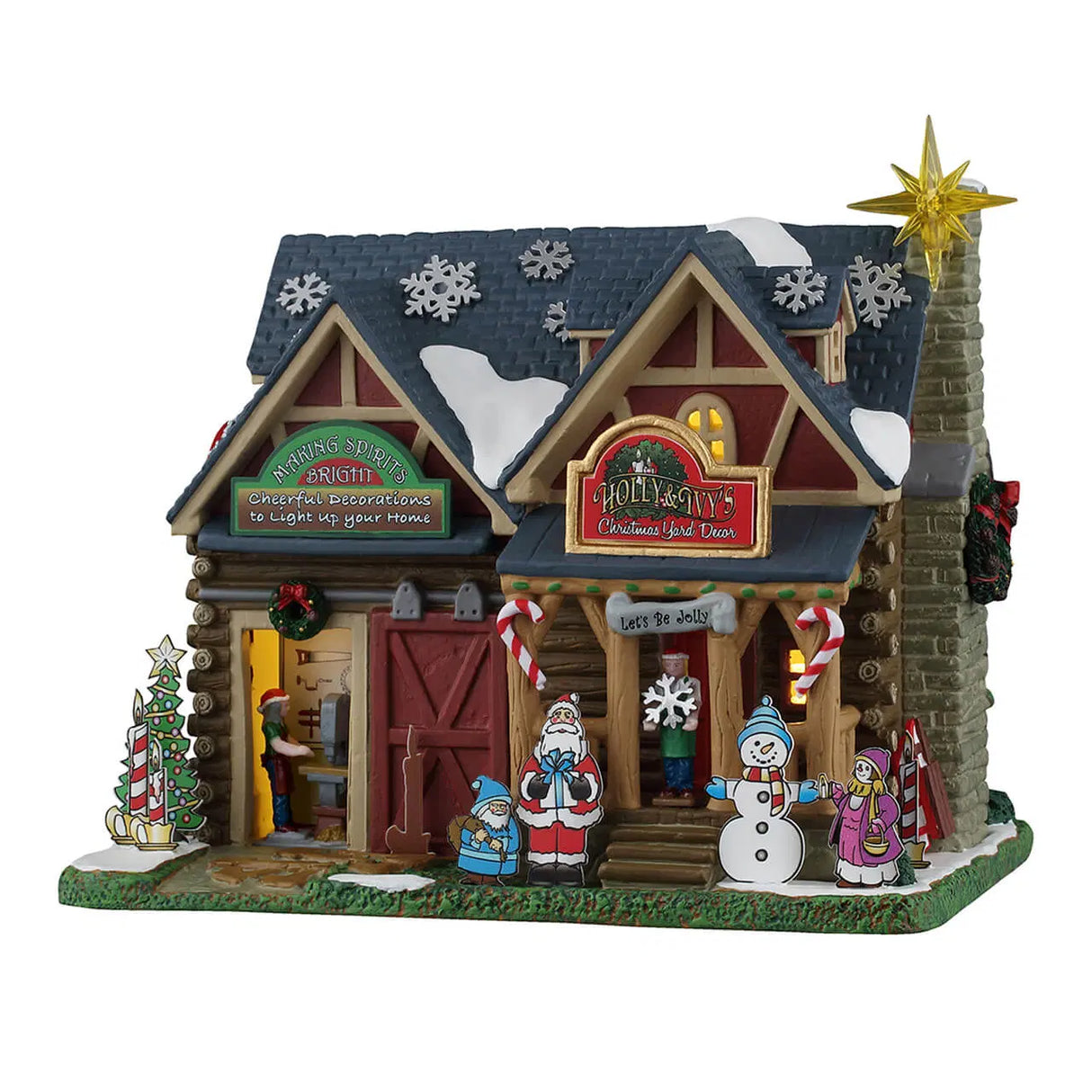 Lemax illuminated Christmas village building with Holly & Ivy holiday yard decor, featuring festive holiday lights and detailed winter scene