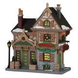 Lemax illuminated building featuring J. Spritzer's Holiday Libations and Wines with festive holiday village scene.