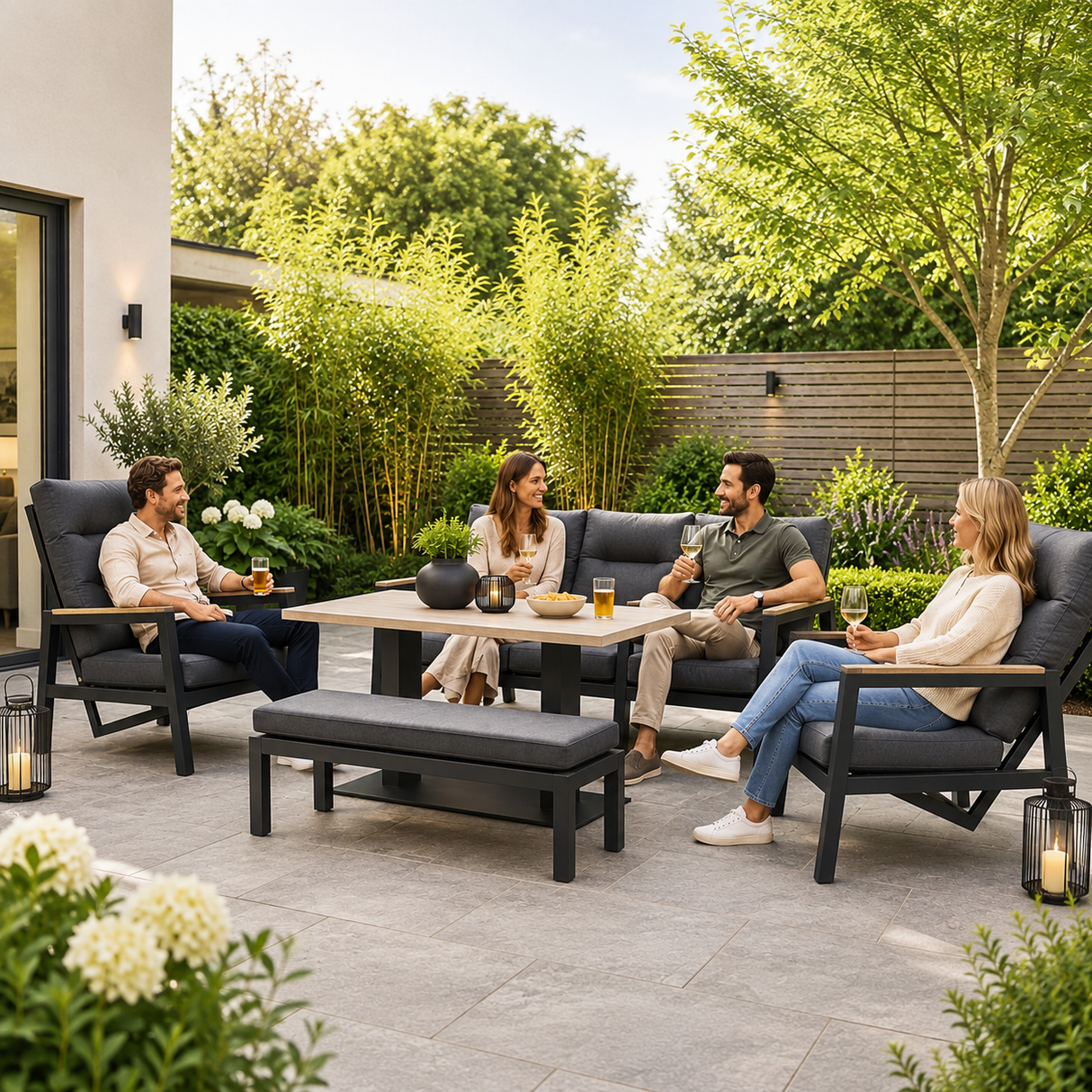 Kettler Tudor 3 Seat Sofa With 2 Reclining Chairs, Bench & 140x80cm Table