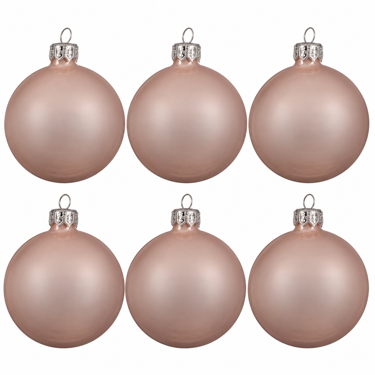 Kaemingk blush pink enamel mouthblown glass Christmas baubles, 8 cm, pack of 6 with silver caps, soft pastel holiday ornaments