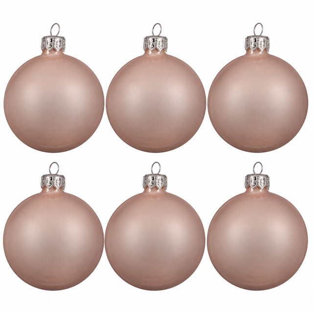 Kaemingk blush pink enamel mouthblown glass Christmas baubles, 8 cm, pack of 6 with silver caps, soft pastel holiday ornaments