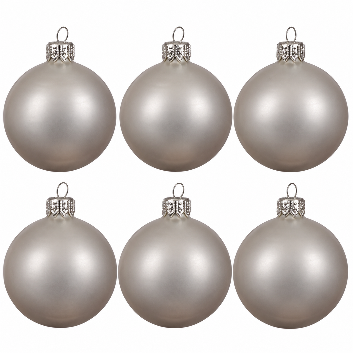 Set of six Kaemingk silver glass Christmas baubles, 6 cm, with frosted finish and elegant silver caps, ideal for holiday decor.