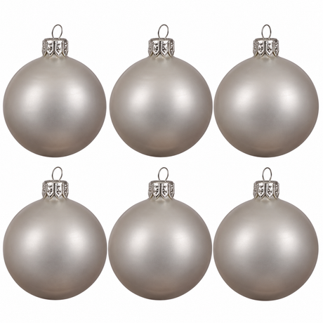 Set of six Kaemingk silver glass Christmas baubles, 6 cm, with frosted finish and elegant silver caps, ideal for holiday decor.