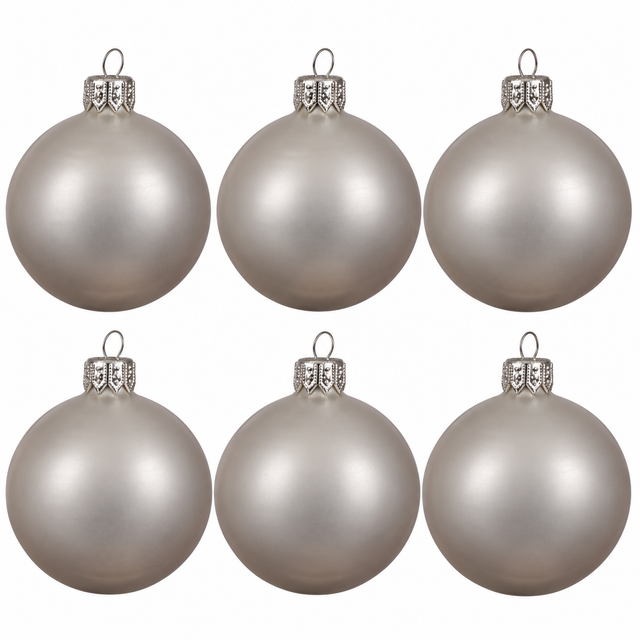 Set of six Kaemingk silver glass Christmas baubles, 6 cm, with frosted finish and elegant silver caps, ideal for holiday decor.