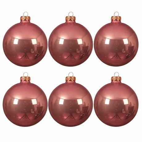 Kaemingk pink velvet enamel mouthblown glass Christmas baubles, 6cm, pack of 6 with gold caps, pastel tree decorations.