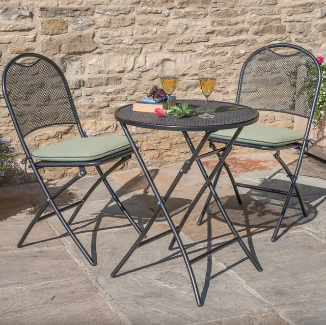 Kettler Cafe Roma bistro set with iron grey metal frame and mesh chairs, ideal for outdoor patio or garden seating.