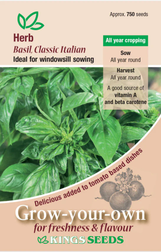 Basil Classic Italian seeds by E.W. King & Co. Ltd., showcasing a packet with vibrant green herb illustrations.