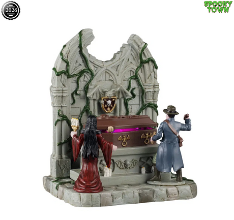 Lemax Spooky Town lighted coffin prop with illuminated details, perfect for Halloween decorations and spooky displays.