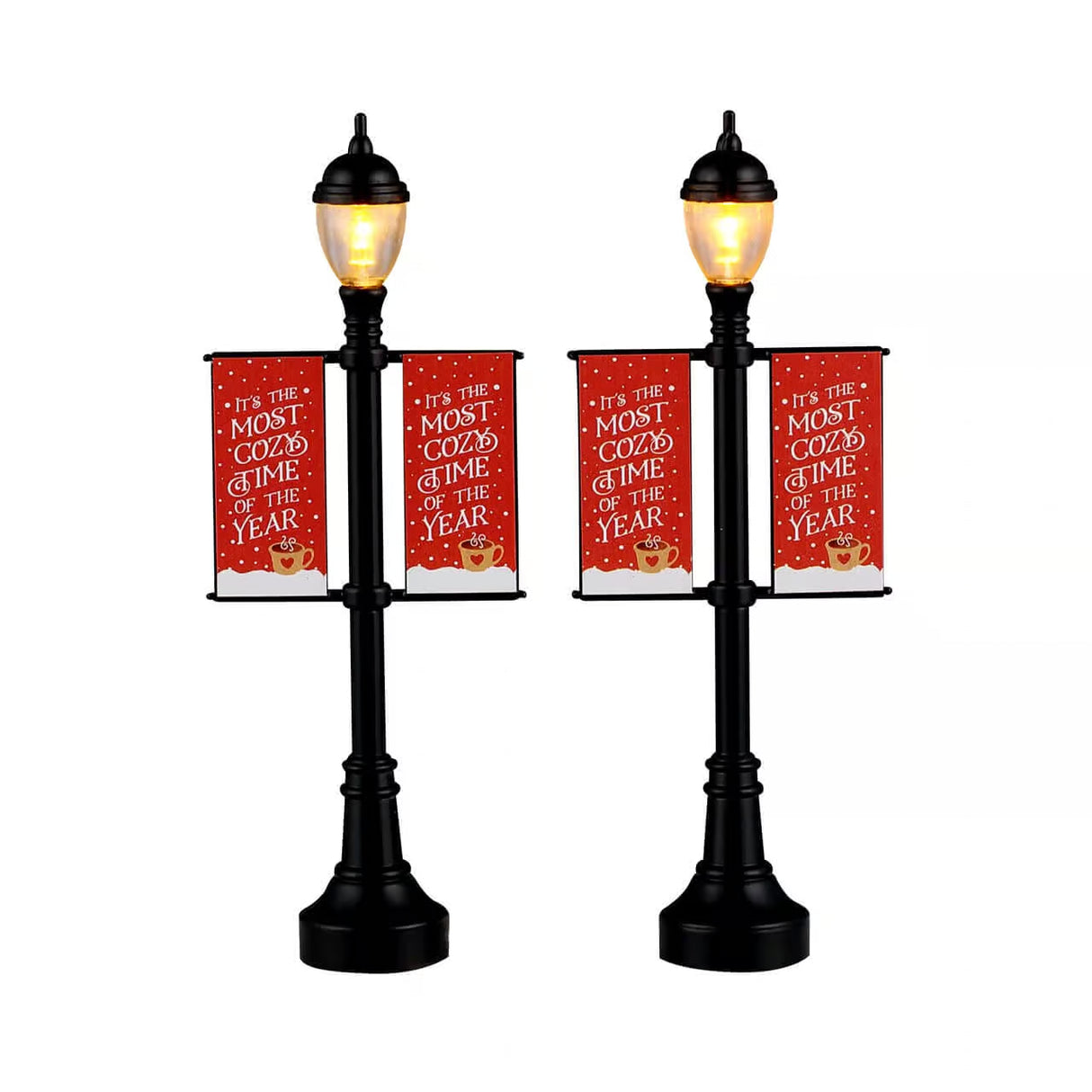 Set of two Lemax Christmas village lamp post banners with festive designs, perfect as Lemax accessories for holiday displays.