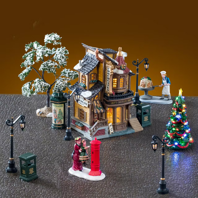 Lemax Lucy's Chocolate Shop Set with white Christmas village house and adapter, part of Lemax holiday village collection.
