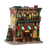 Lemax Mario's Pizzeria & Bistro illuminated building from the Christmas Village display, featuring a cozy pizzeria scene with festive lights.