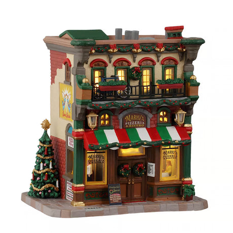 Lemax Mario's Pizzeria & Bistro illuminated building from the Christmas Village display, featuring a cozy pizzeria scene with festive lights.