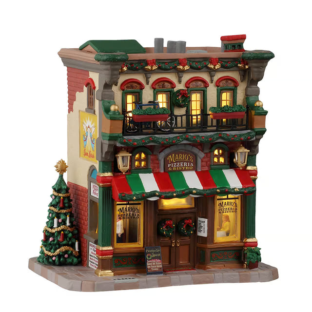 Lemax Mario's Pizzeria & Bistro illuminated building from the Christmas Village display, featuring a cozy pizzeria scene with festive lights.