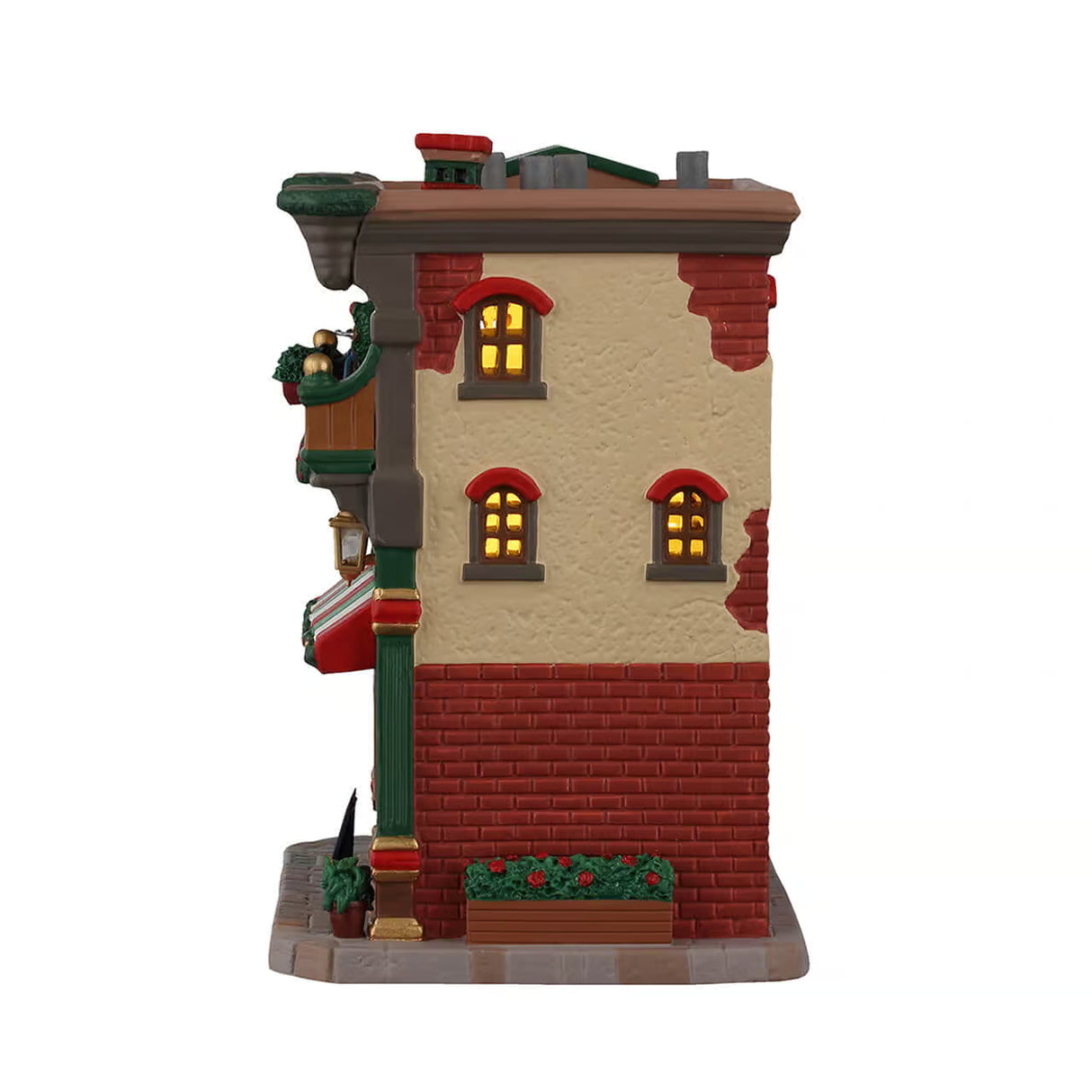 Lemax illuminated Mario's Pizzeria & Bistro building from the Christmas Village display, featuring festive holiday details and lights.