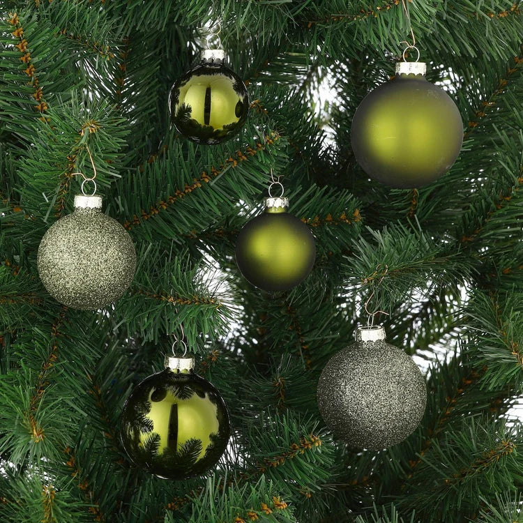 Mica Decorations Dark Green Glass Christmas Baubles Set (Pack of 26, 7 cm) – Elegant Forest Green Glossy & Glitter Ornament Set