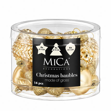 Set of 14 Edelman Mica Decorations gold glass Christmas tree ornaments including matte, glossy, and glitter textured pine cones.