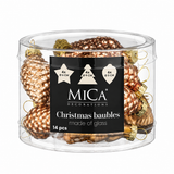 Set of 14 light brown glass Christmas ornaments with pine cone design, Edelman warm amber-brown glass baubles, 6.5x9 cm.