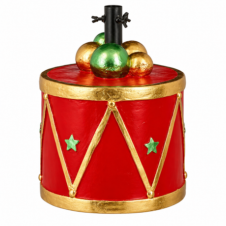 Red drum-shaped Christmas tree stand cover made of decorative resin, fits standard tree bases, by Edelman.