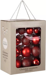 Mica Decorations Red Glass Christmas Baubles Set (Pack of 26, 7 cm) – Glossy & Glitter Ornament Set