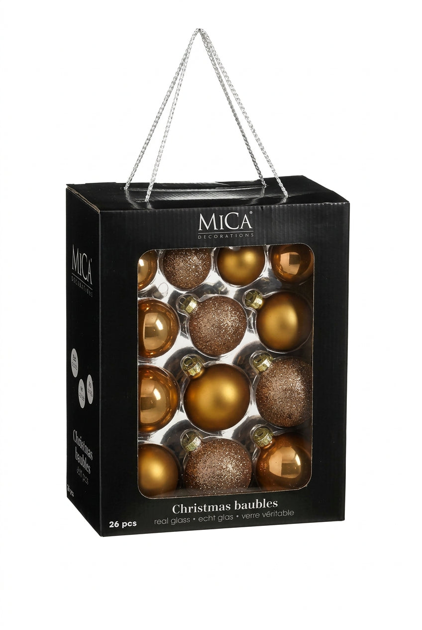 Mica Decorations Rich Brown Glass Christmas Baubles Set (Pack of 26, 7 cm) – Warm Bronze-Brown Glass Ornaments