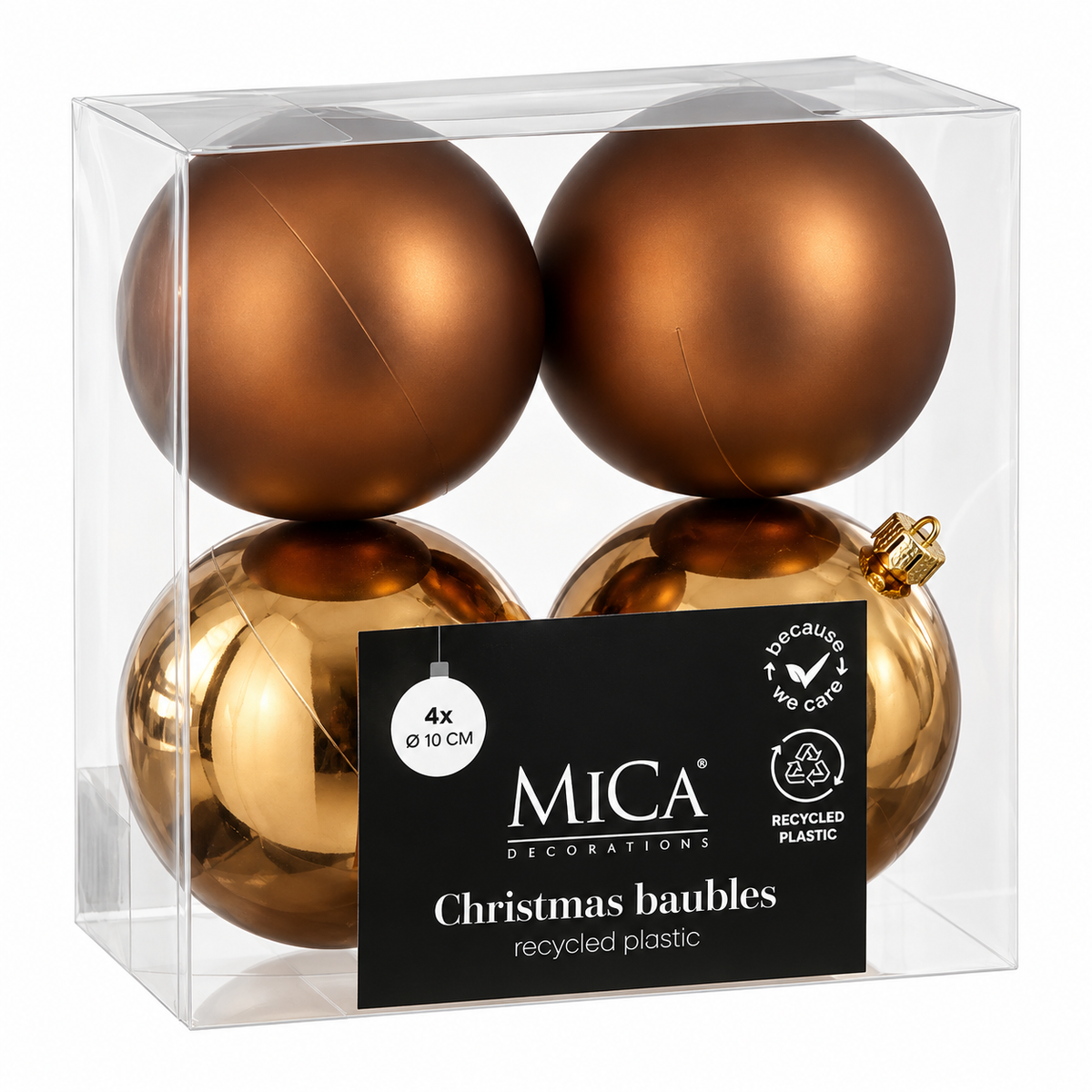 Mica Decorations Shatterproof Christmas Baubles (Pack of 4, 10 cm) – Metallic Copper Brown & Gold Brown Christmas Tree Ornaments