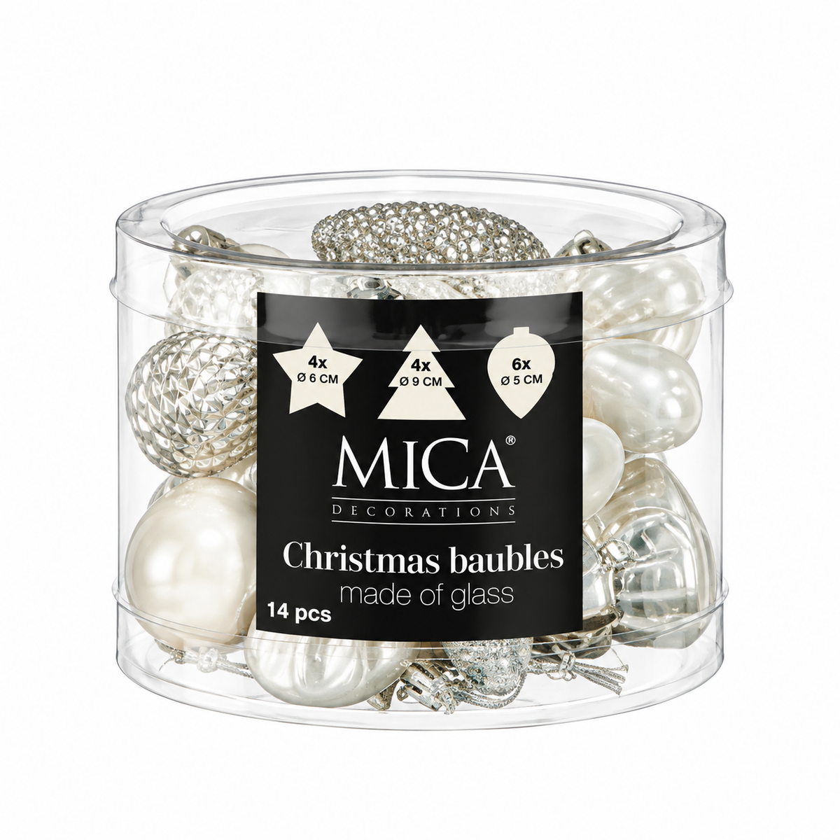 Mica Decorations White Glass Christmas Tree Decorations (Pack of 14) – Boxed Matte, Glossy & Glitter Textured Glass Set