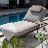 4 Seasons Outdoor Milano Terre sunbed in latte with cushion and headrest, metal outdoor furniture for relaxing outdoor spaces