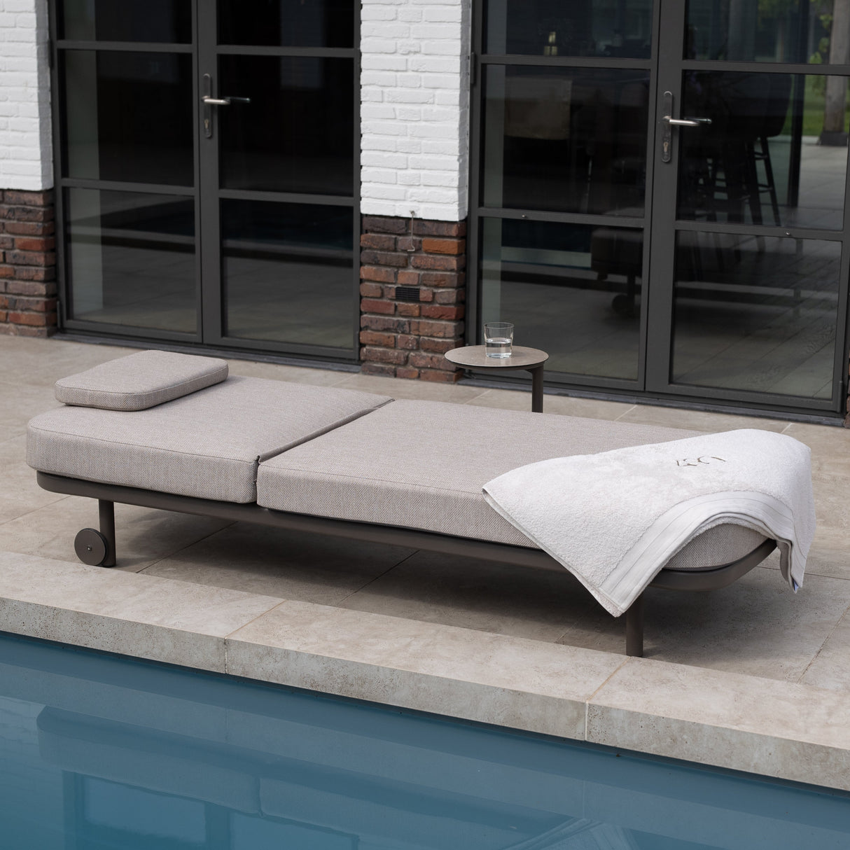 4 Seasons Outdoor Milano Terre Sunbed in latte with cushion and headrest, metal frame, outdoor furniture for relaxing in the sun