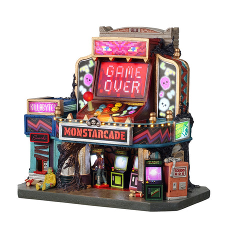 Lemax Spooky Town Monstarcade illuminated building with 4.5V adaptor, detailed spooky arcade scene for holiday display.