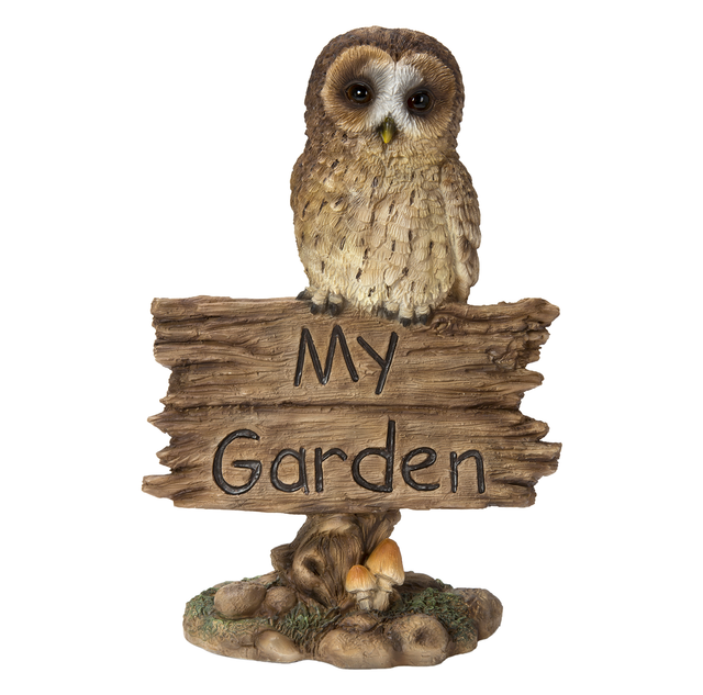 Realistic Tawny Owl garden sign resin ornament by Vivid Arts, featuring detailed owl design for outdoor decor.