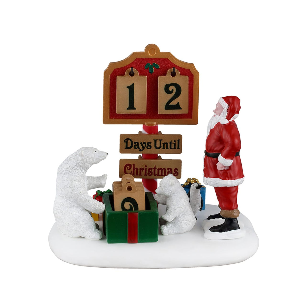 Lemax North Pole Countdown Christmas Village table accent featuring festive North Pole scene with miniature buildings and winter decorations.