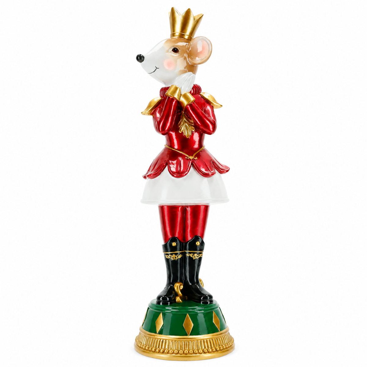 Nutcracker Mouse Girl Standing Christmas Decoration (46.5 cm) – Fairytale Mouse Princess in Red & Gold Outfit on Green Pedestal Base