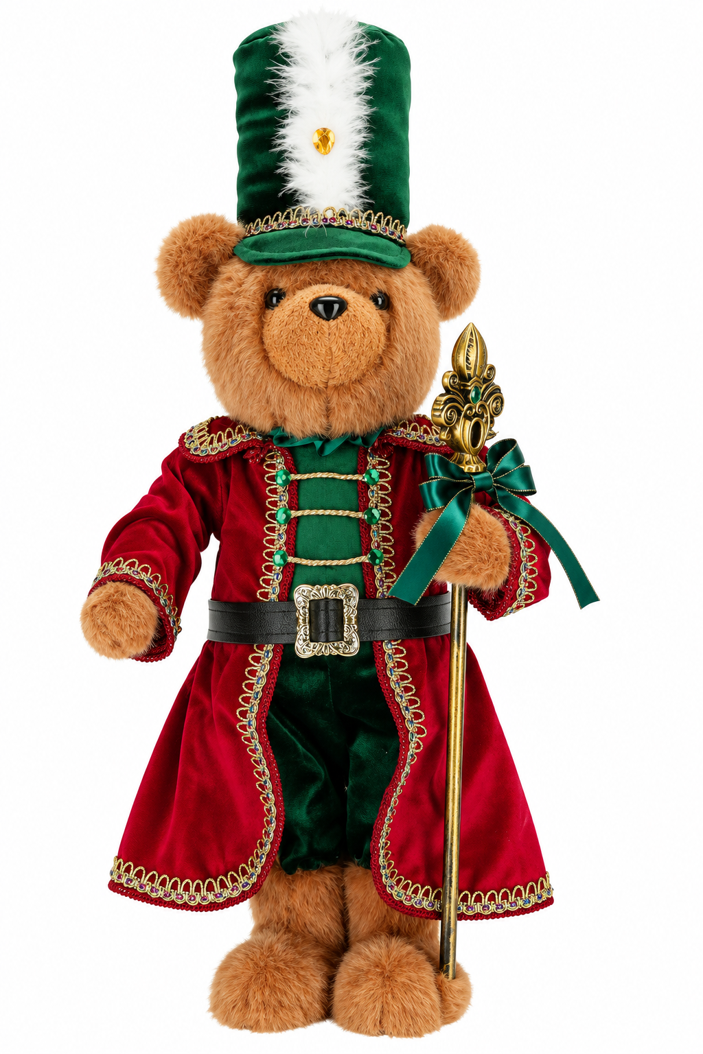 Nutcracker Teddy Bear Christmas Standing Decoration (60 cm) – Plush Bear in Red & Forest Green Velvet Uniform with Gold Staff & Feathered Hat