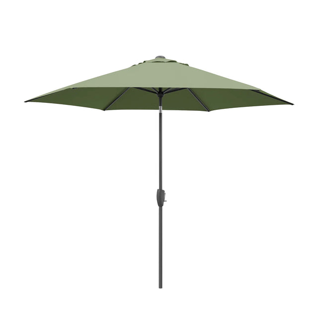 Kettler 3.0m grey wind-up parasol with meadow green canopy, auto tilt, night cover, and sturdy frame for outdoor shade.