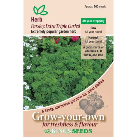 Triple curled parsley seeds from Kings Seeds, showcasing fresh, vibrant herb seeds for planting and gardening.