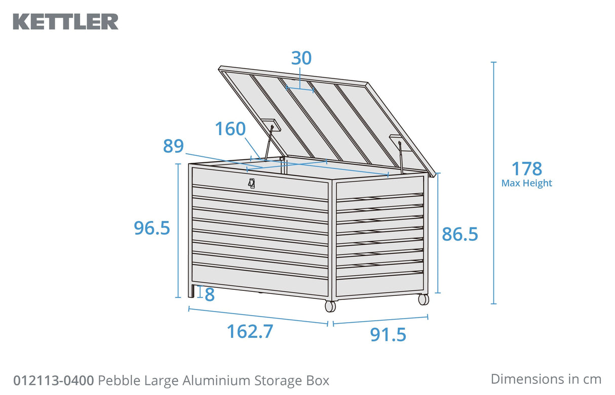 Large Kettler Pebble aluminium storage cushion box with a sleek, modern design for outdoor patio or garden furniture storage.
