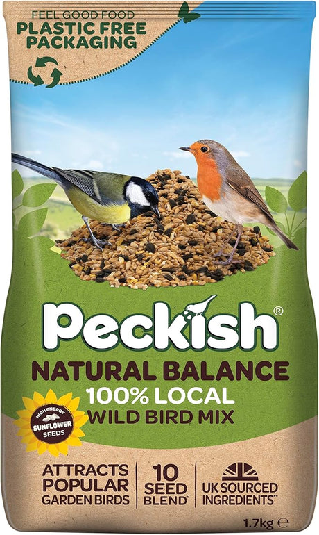 Peckish Natural Balance seed mix for wild birds, 1.7kg box, bird food by Westland Horticulture, featuring a mix of seeds in a box.