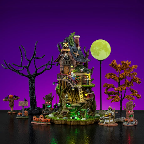 Lemax Spooky Town Petrified Forest Tree House Set, illuminated miniature buildings with spooky forest details for Halloween displays