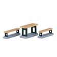 Set of three Lemax picnic benches for Christmas village accessories, featuring rustic wooden design and festive holiday details.