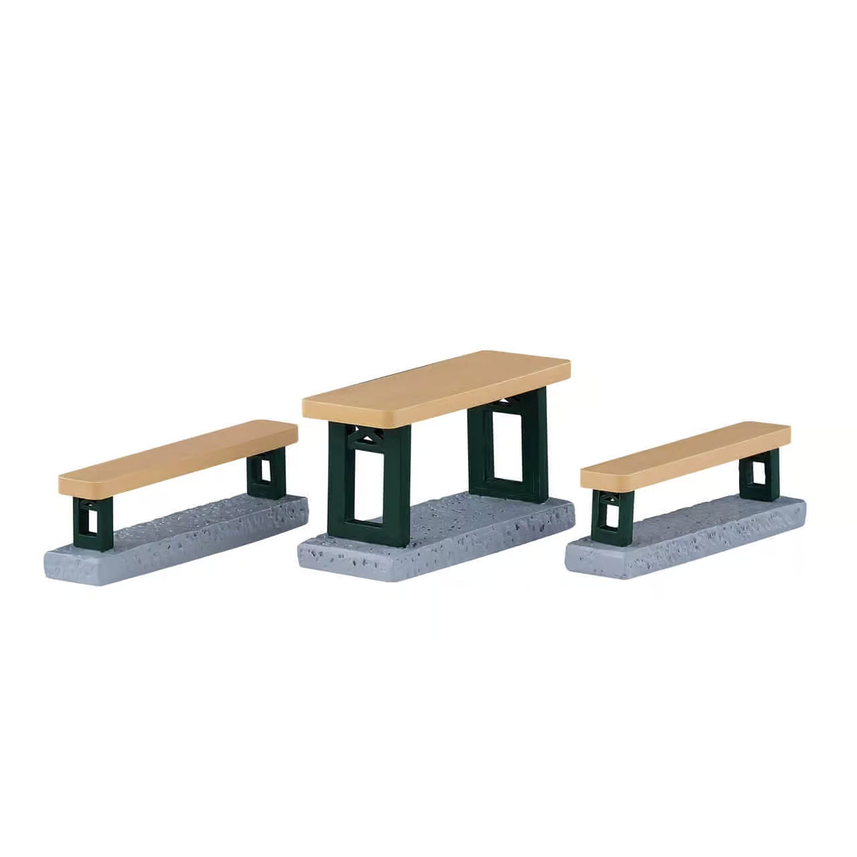 Set of three Lemax picnic benches for Christmas village accessories, featuring rustic wooden design and festive holiday details.