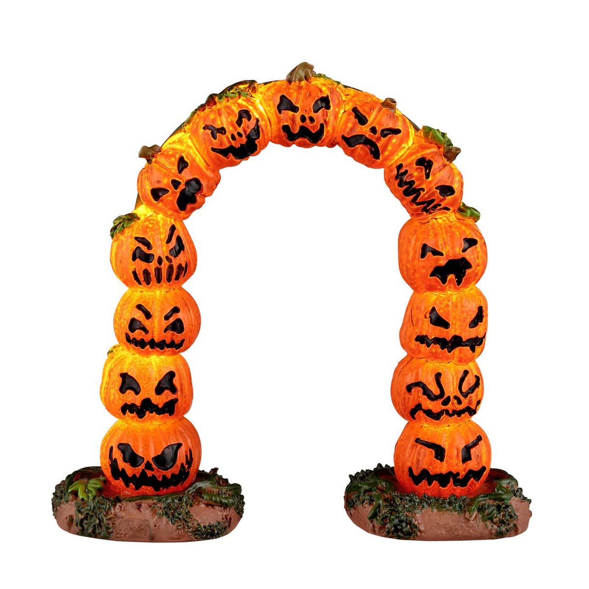 Lemax Spooky Town pumpkin arch with carved pumpkin design, illuminated with 4.5V battery-powered lighting, perfect for Halloween decor.