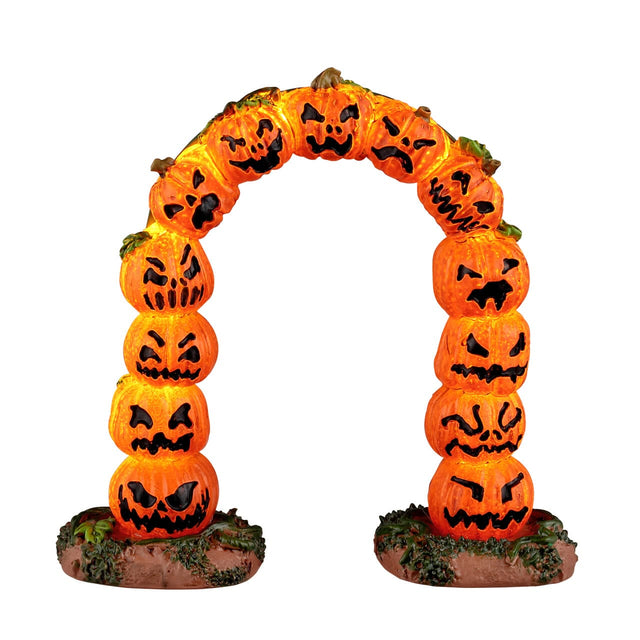 Lemax Spooky Town pumpkin arch with carved pumpkin design, illuminated with 4.5V battery-powered lighting, perfect for Halloween decor.