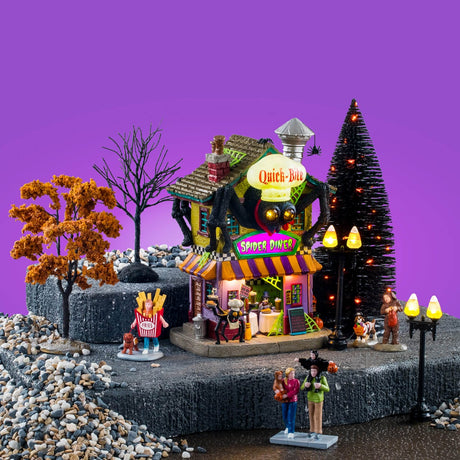 Lemax Spooky Town Quick Bite Spider Diner set illuminated Halloween-themed building with spooky spider and dining scene.