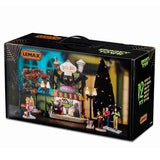 Lemax Spooky Town Quick Bite Spider Diner set featuring illuminated haunted restaurant with spooky spider decor and detailed facade.